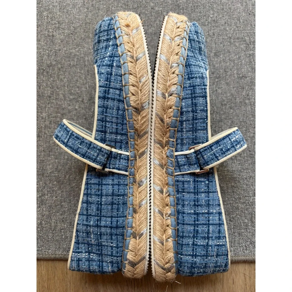 Karl Lagerfeld Paris Mikai Blue Tweed Espadrille Mary Jane Flats US 7.5M